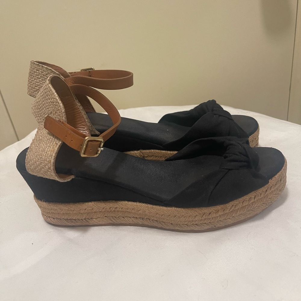 Tory Burch Black Espadrille Wedge Sandals with Tan Ankle Strap
